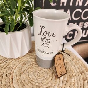 Sheffield Home Love Never Fails 1 Corinthians 13:8 Ceramic Coffee Mug White Grey